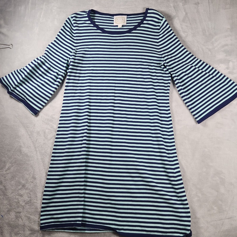 Sail To Sable Blue Striped Textured Knit Dress L 3/4 Sleeve Preppy Coastal